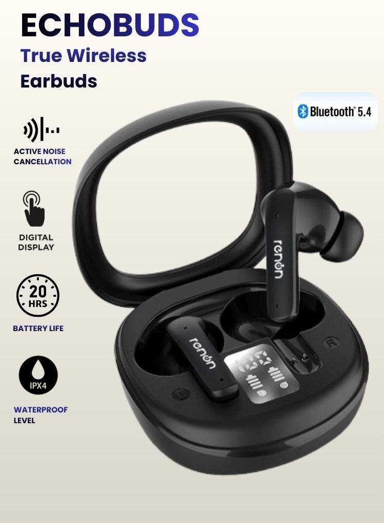 RENON EchoBuds Bluetooth Headphones 5.4 Wireless Earbud with Active Noise Cancelling (ANC), 20 Hours Battery Life, IPX4 Waterproof, HD Audio, Fast Charging, True Wireless In-Ear Headphones Black - Image 1